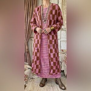 Vintage MOLATO Silk Pink Tweed Patchwork Hippie 70s Maxi Dress‎ Duster Jacket
